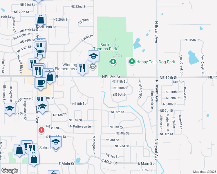 map of restaurants, bars, coffee shops, grocery stores, and more near 1104 SummerHill Drive in Moore