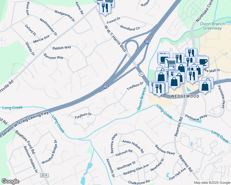 map of restaurants, bars, coffee shops, grocery stores, and more near 9229 Kimmel Lane in Charlotte