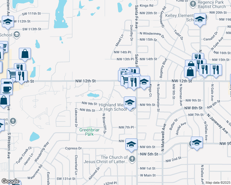 map of restaurants, bars, coffee shops, grocery stores, and more near 1212 Northwest 10th Street in Moore