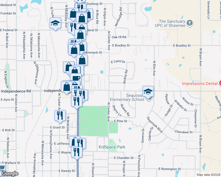 map of restaurants, bars, coffee shops, grocery stores, and more near 1200 East Independence Street in Shawnee