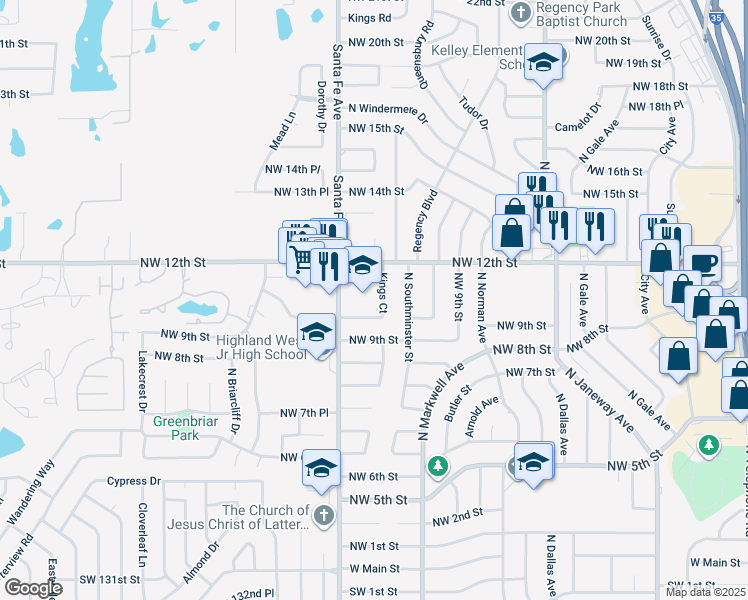 map of restaurants, bars, coffee shops, grocery stores, and more near 1117 Kings Ct in Moore