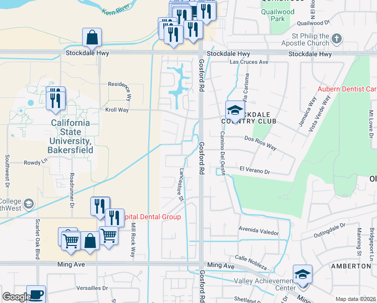 map of restaurants, bars, coffee shops, grocery stores, and more near 8112 Chaucer Street in Bakersfield