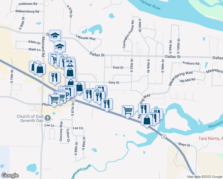 map of restaurants, bars, coffee shops, grocery stores, and more near 9204 Gary Street in Fort Smith