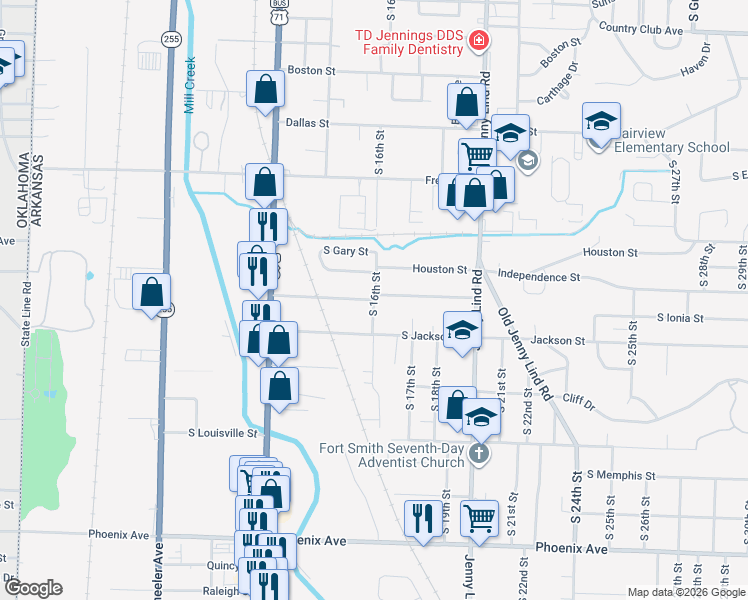 map of restaurants, bars, coffee shops, grocery stores, and more near South Independence Street in Fort Smith