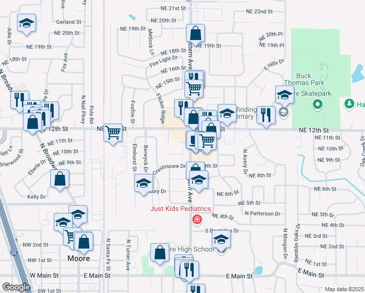 map of restaurants, bars, coffee shops, grocery stores, and more near 710 Northeast 11th Street in Moore
