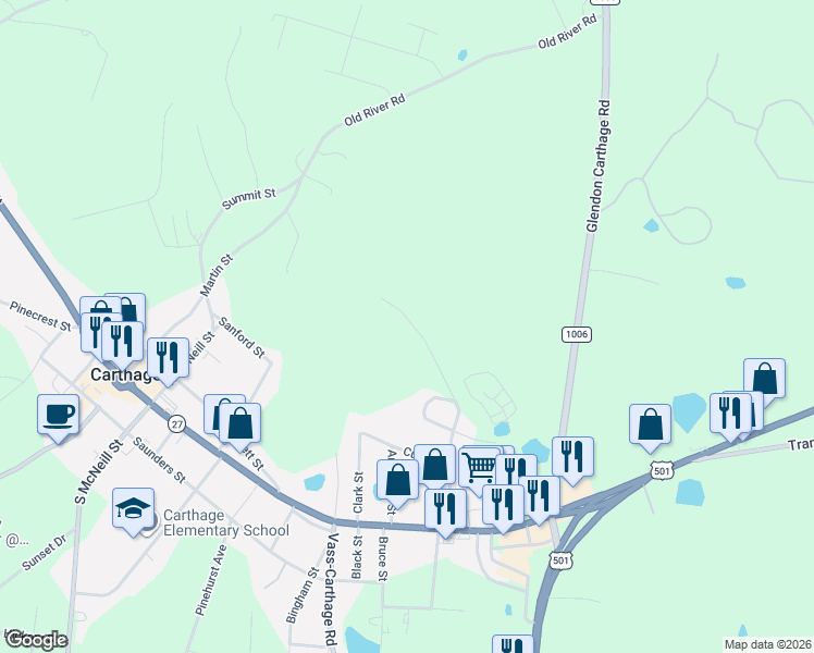 map of restaurants, bars, coffee shops, grocery stores, and more near 396 Simpson Road in Carthage