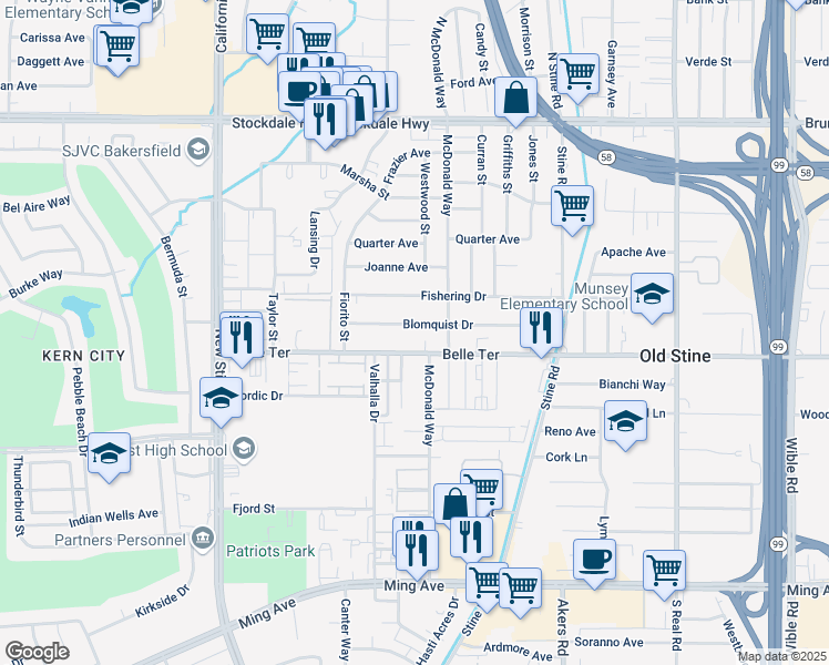 map of restaurants, bars, coffee shops, grocery stores, and more near 4425 Blomquist Drive in Bakersfield