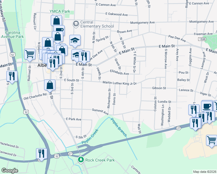 map of restaurants, bars, coffee shops, grocery stores, and more near 416 Richardson Street in Albemarle