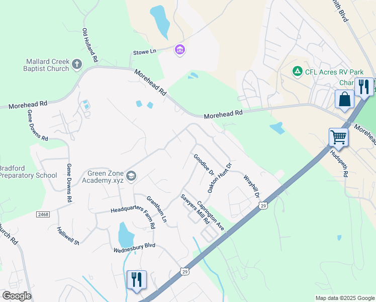 map of restaurants, bars, coffee shops, grocery stores, and more near 15203 Oldcorn Lane in Charlotte