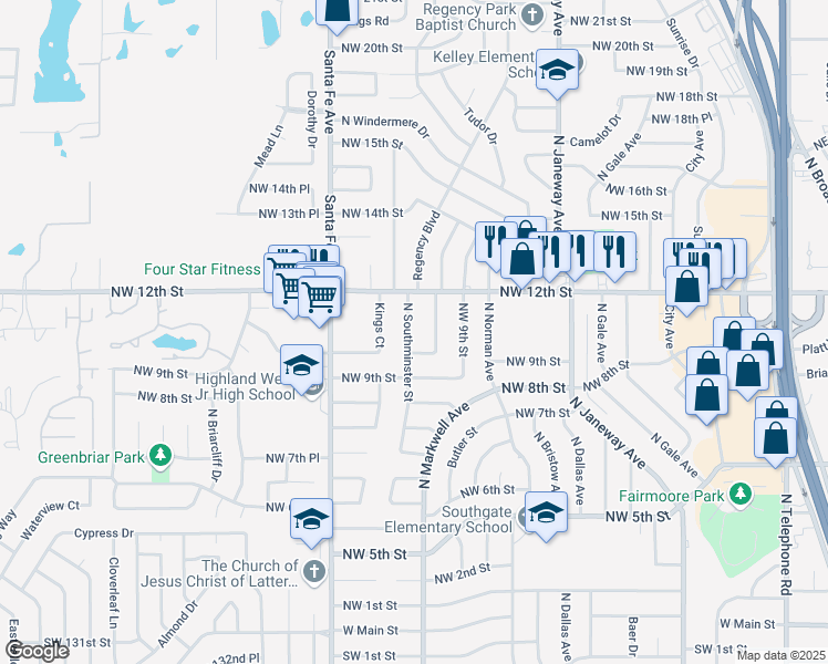 map of restaurants, bars, coffee shops, grocery stores, and more near 1112 North Southminster Street in Moore
