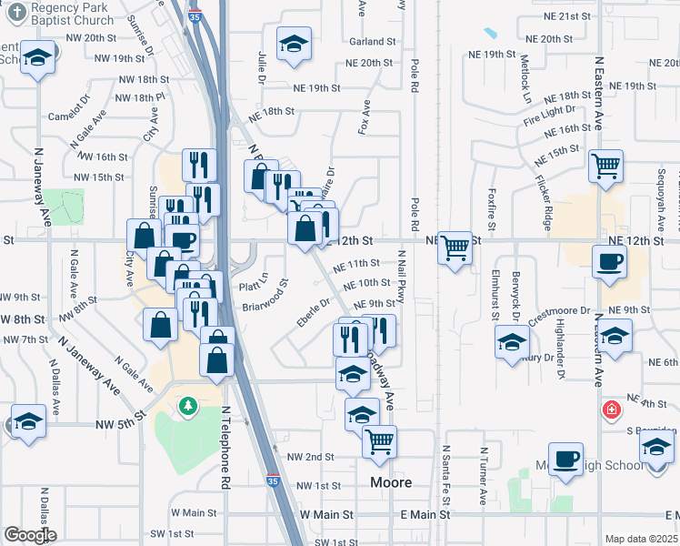 map of restaurants, bars, coffee shops, grocery stores, and more near 104 Northeast 11th Street in Moore