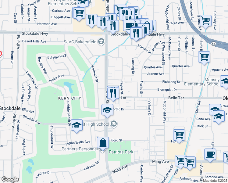 map of restaurants, bars, coffee shops, grocery stores, and more near 5250 Belle Terrace in Bakersfield