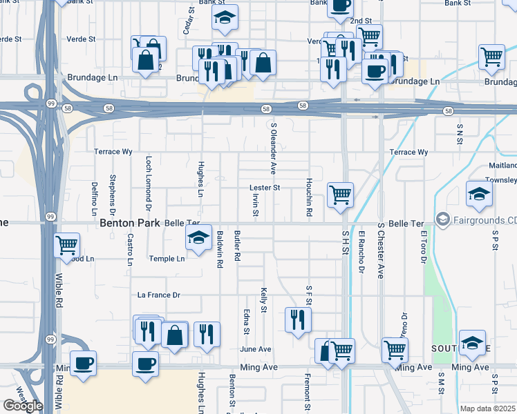 map of restaurants, bars, coffee shops, grocery stores, and more near 830 Irvin Street in Bakersfield