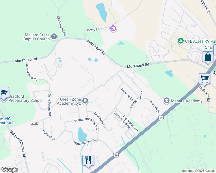 map of restaurants, bars, coffee shops, grocery stores, and more near 12116 Sandringham Place in Charlotte