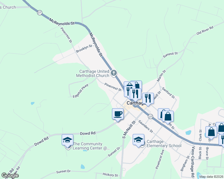 map of restaurants, bars, coffee shops, grocery stores, and more near 307 Seawell Place in Carthage