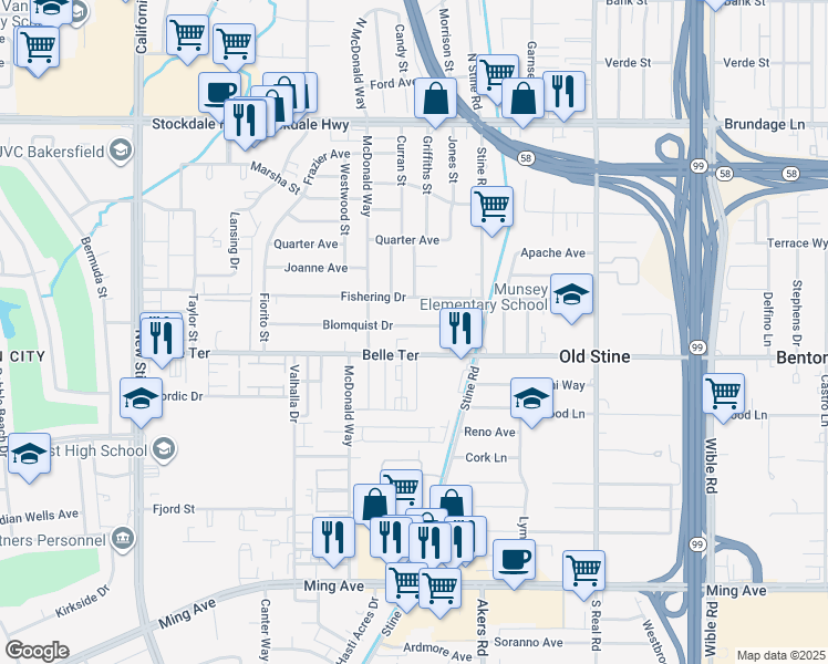 map of restaurants, bars, coffee shops, grocery stores, and more near 213 Blomquist Drive in Bakersfield