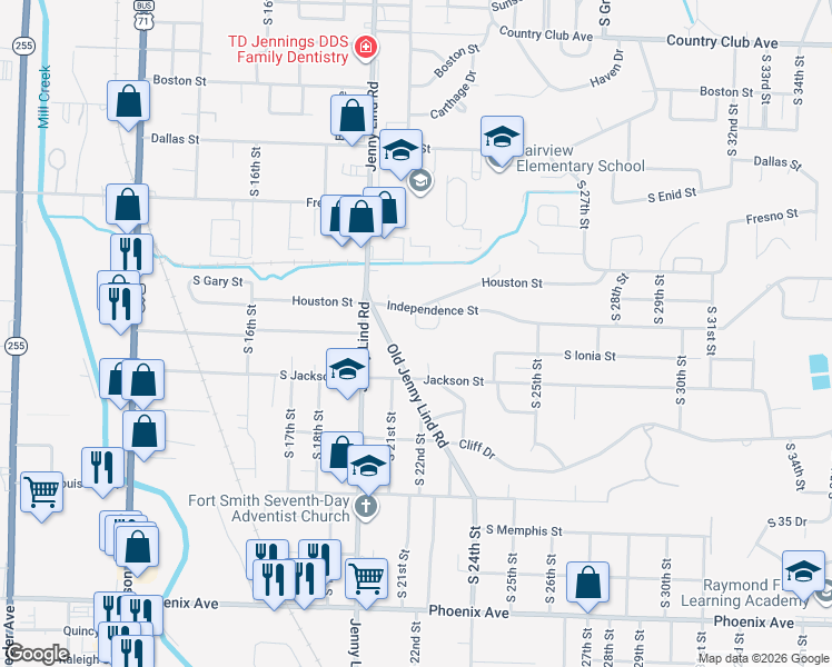 map of restaurants, bars, coffee shops, grocery stores, and more near 14 Mockingbird Lane in Fort Smith