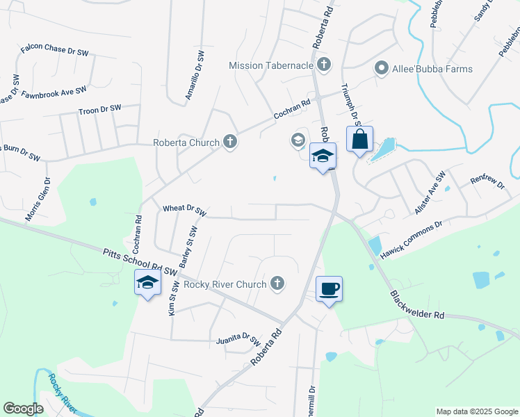 map of restaurants, bars, coffee shops, grocery stores, and more near 1093 Meadowbrook Lane Southwest in Concord