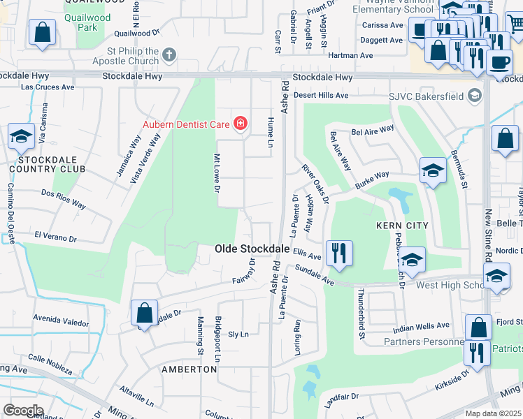 map of restaurants, bars, coffee shops, grocery stores, and more near 6501 Tevis Drive in Bakersfield