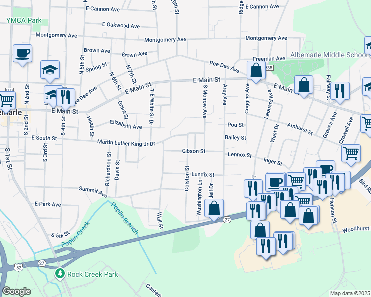 map of restaurants, bars, coffee shops, grocery stores, and more near 1043 Gibson Street in Albemarle