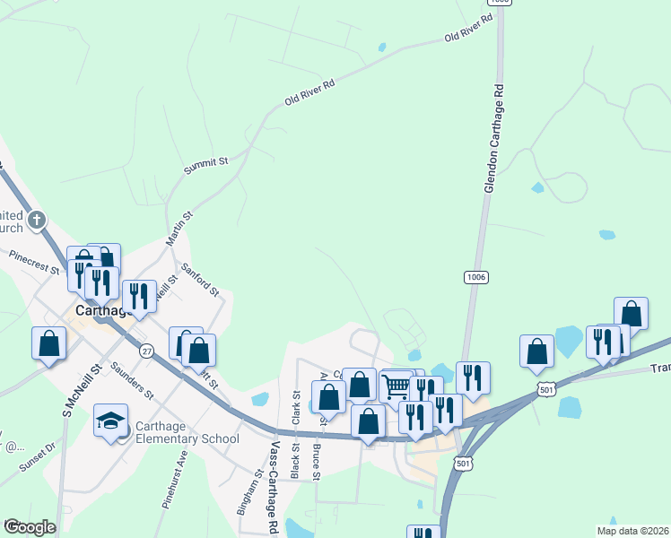 map of restaurants, bars, coffee shops, grocery stores, and more near 396 Simpson Road in Carthage