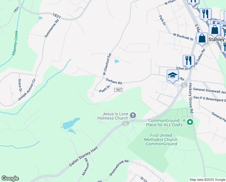 map of restaurants, bars, coffee shops, grocery stores, and more near 116 Brooks Drive in Stanley