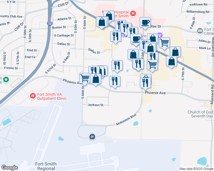 map of restaurants, bars, coffee shops, grocery stores, and more near 7111 Phoenix Avenue in Fort Smith