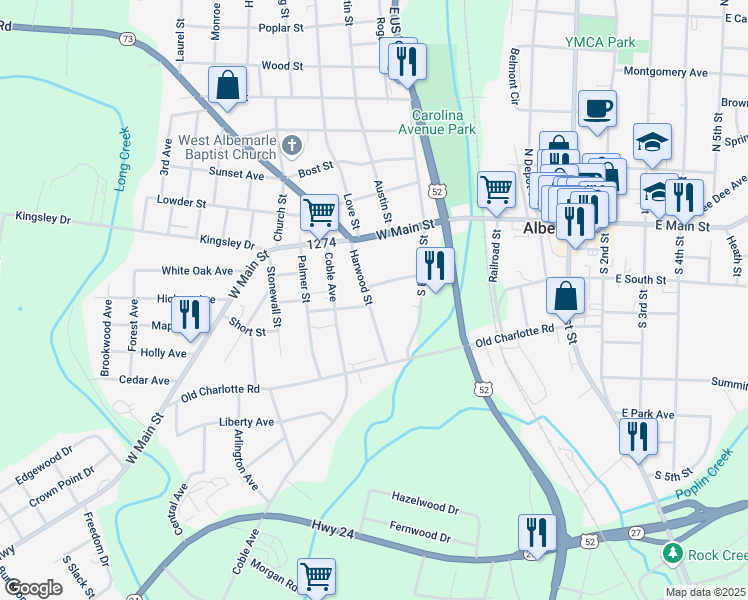 map of restaurants, bars, coffee shops, grocery stores, and more near 207 Harwood Street in Albemarle