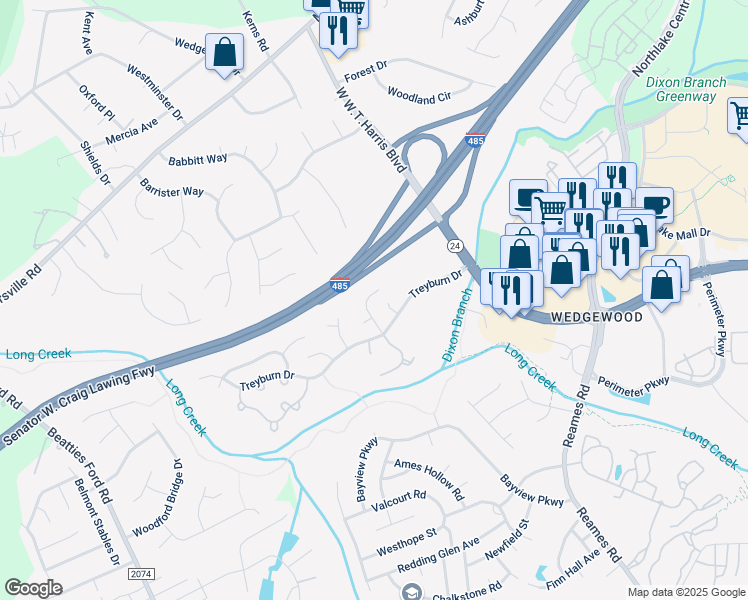 map of restaurants, bars, coffee shops, grocery stores, and more near 9229 Kimmel Lane in Charlotte