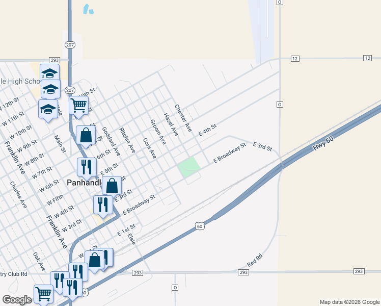 map of restaurants, bars, coffee shops, grocery stores, and more near 801 East 3rd Street in Panhandle