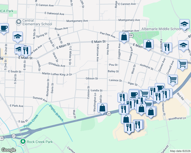 map of restaurants, bars, coffee shops, grocery stores, and more near 1101 Gibson Street in Albemarle