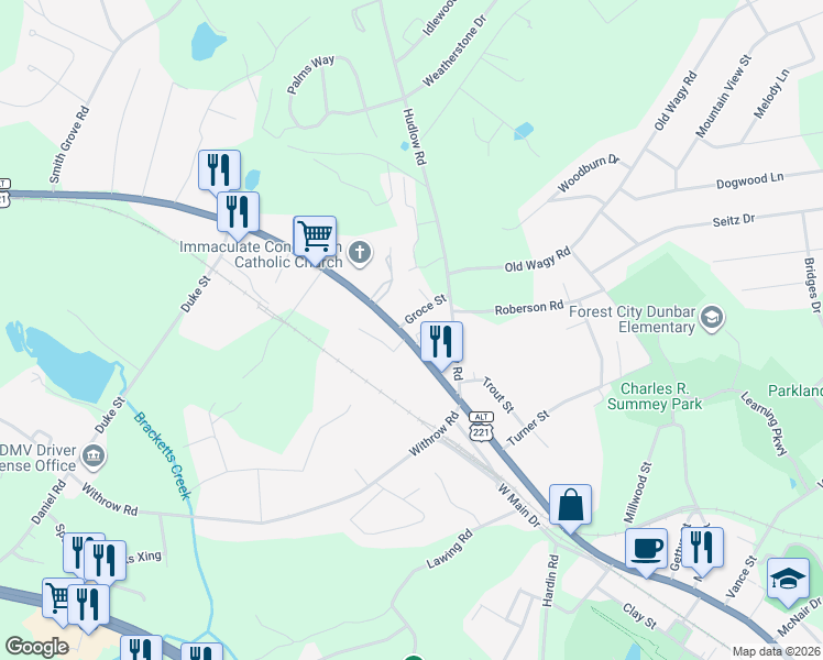 map of restaurants, bars, coffee shops, grocery stores, and more near 924 West Main Street in Forest City