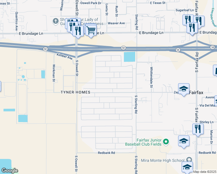map of restaurants, bars, coffee shops, grocery stores, and more near 5302 San Lucas Drive in Bakersfield