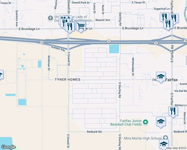 map of restaurants, bars, coffee shops, grocery stores, and more near 5302 San Lucas Drive in Bakersfield