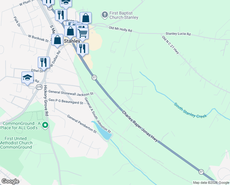 map of restaurants, bars, coffee shops, grocery stores, and more near 102 Ridge Drive in Stanley