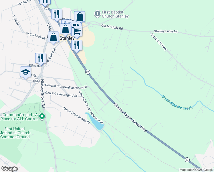 map of restaurants, bars, coffee shops, grocery stores, and more near 102 Ridge Drive in Stanley
