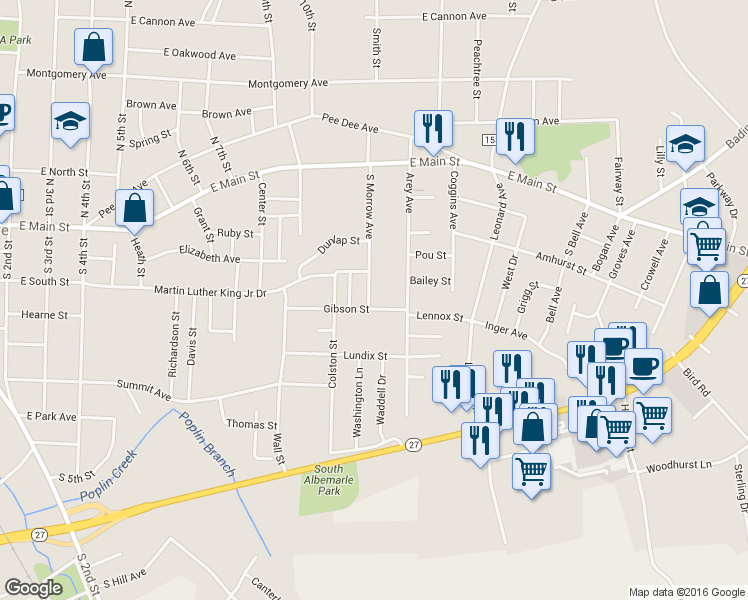 map of restaurants, bars, coffee shops, grocery stores, and more near 1101 Gibson St in Albemarle
