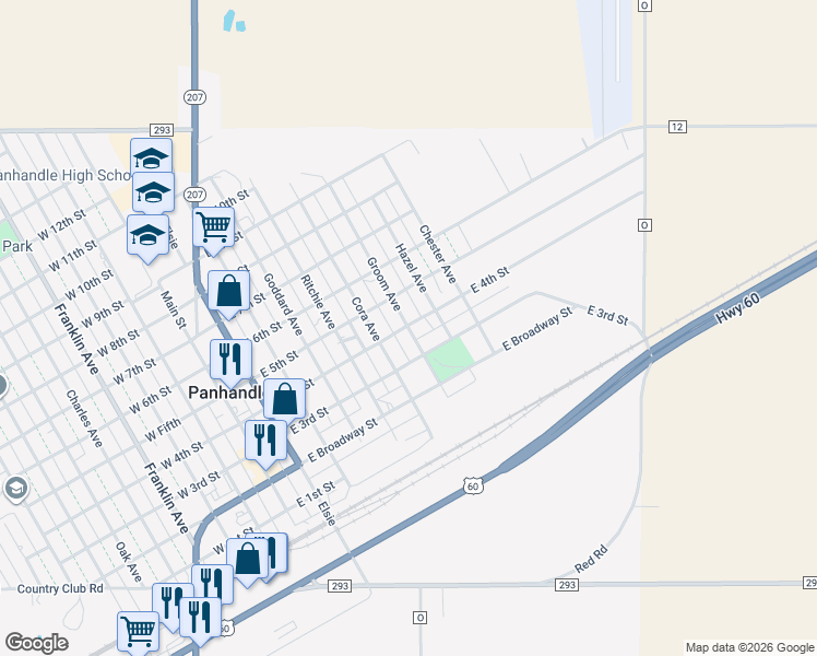 map of restaurants, bars, coffee shops, grocery stores, and more near 398 Groom Avenue in Panhandle