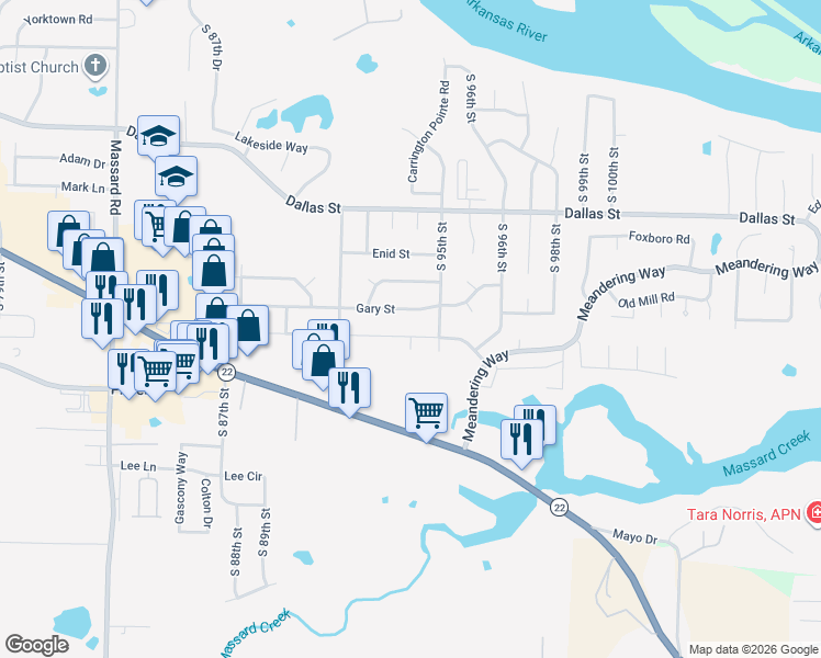map of restaurants, bars, coffee shops, grocery stores, and more near 9313 South Houston Street in Fort Smith