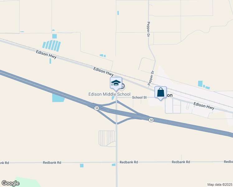 map of restaurants, bars, coffee shops, grocery stores, and more near 11317 School Street in Bakersfield