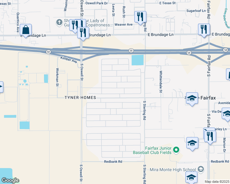 map of restaurants, bars, coffee shops, grocery stores, and more near 5302 San Lucas Drive in Bakersfield