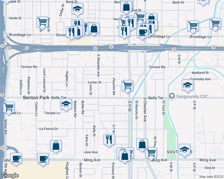 map of restaurants, bars, coffee shops, grocery stores, and more near 811 Houchin Road in Bakersfield