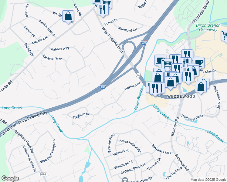 map of restaurants, bars, coffee shops, grocery stores, and more near 9229 Kimmel Lane in Charlotte
