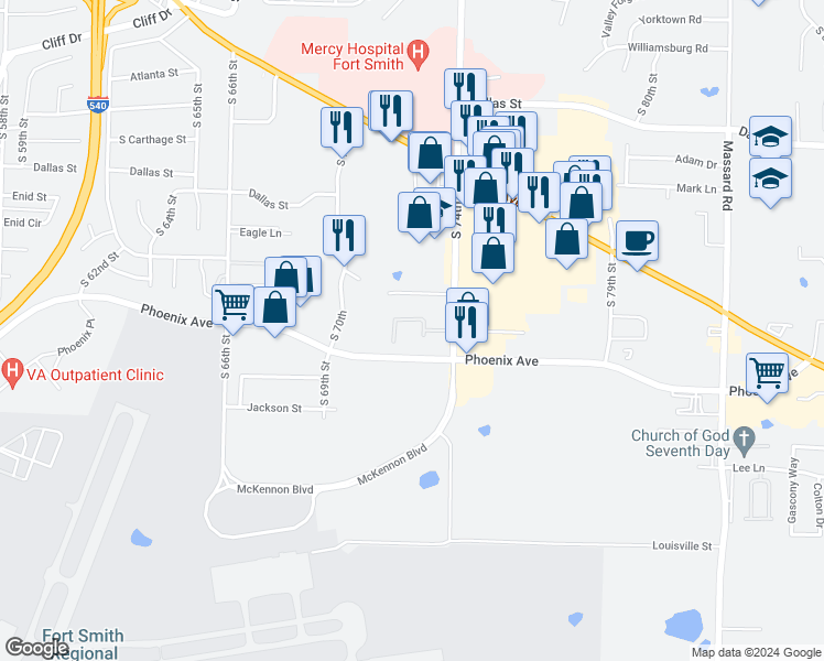 map of restaurants, bars, coffee shops, grocery stores, and more near 3500 South 74th Street in Fort Smith