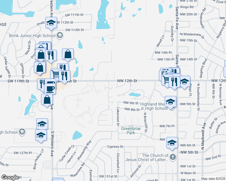 map of restaurants, bars, coffee shops, grocery stores, and more near 504 Southwest 120th Terrace in Oklahoma City