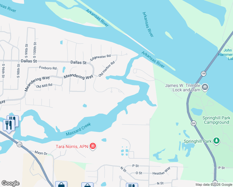 map of restaurants, bars, coffee shops, grocery stores, and more near 10934-11098 Hunters Point Rd in Fort Smith