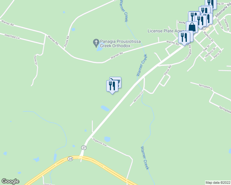 map of restaurants, bars, coffee shops, grocery stores, and more near 1020 Albemarle Road in Troy