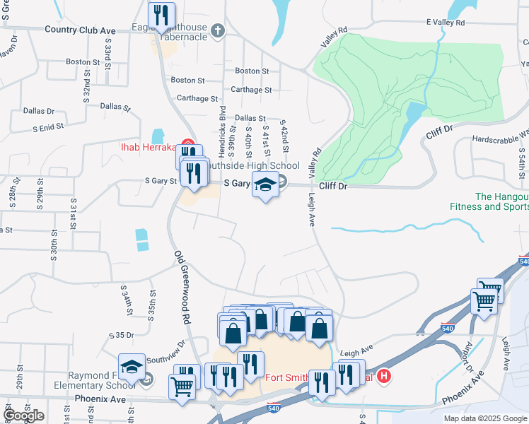 map of restaurants, bars, coffee shops, grocery stores, and more near 4100 Gary Street in Fort Smith