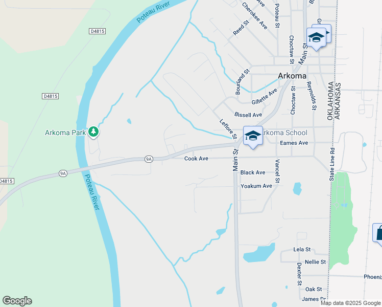 map of restaurants, bars, coffee shops, grocery stores, and more near 1601 Oklahoma 9A in Arkoma