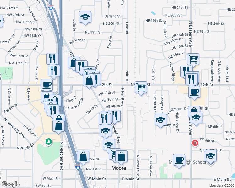 map of restaurants, bars, coffee shops, grocery stores, and more near 1101 North Nail Parkway in Moore